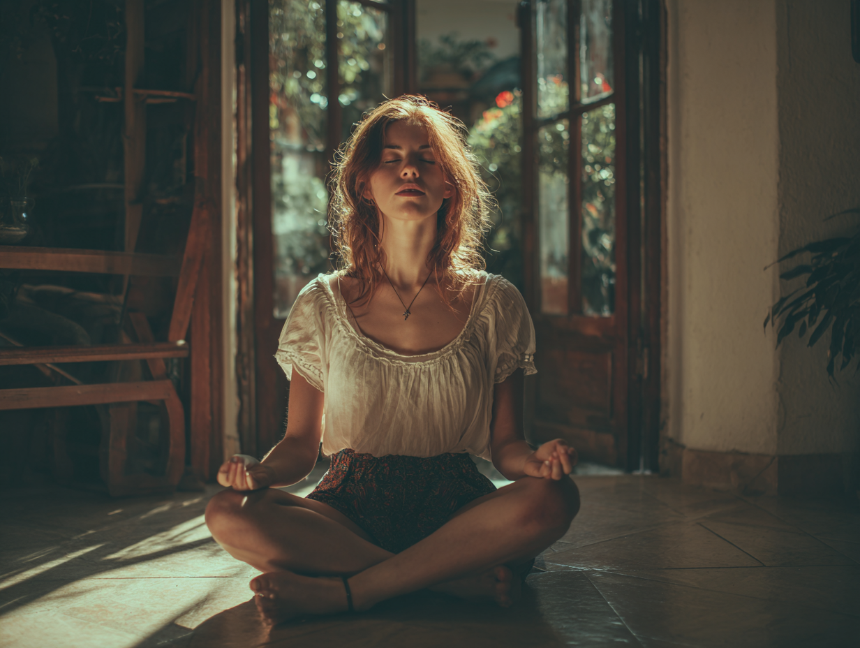 Meditujúca osoba v pokojnom prostredí